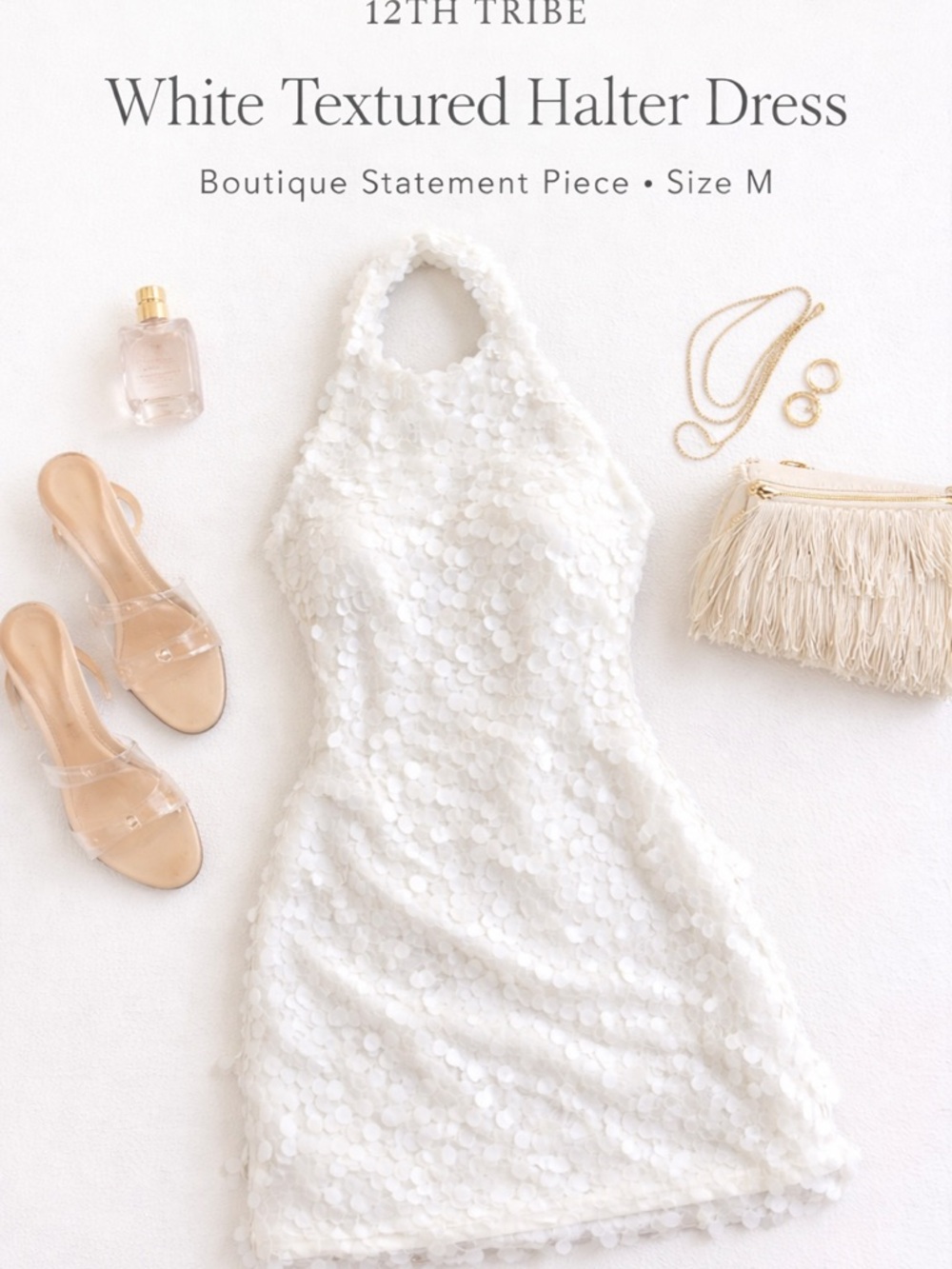 12th Tribe White 3D Textured Halter Mini Dress Size M Boutique Statement - Picture 2 of 2